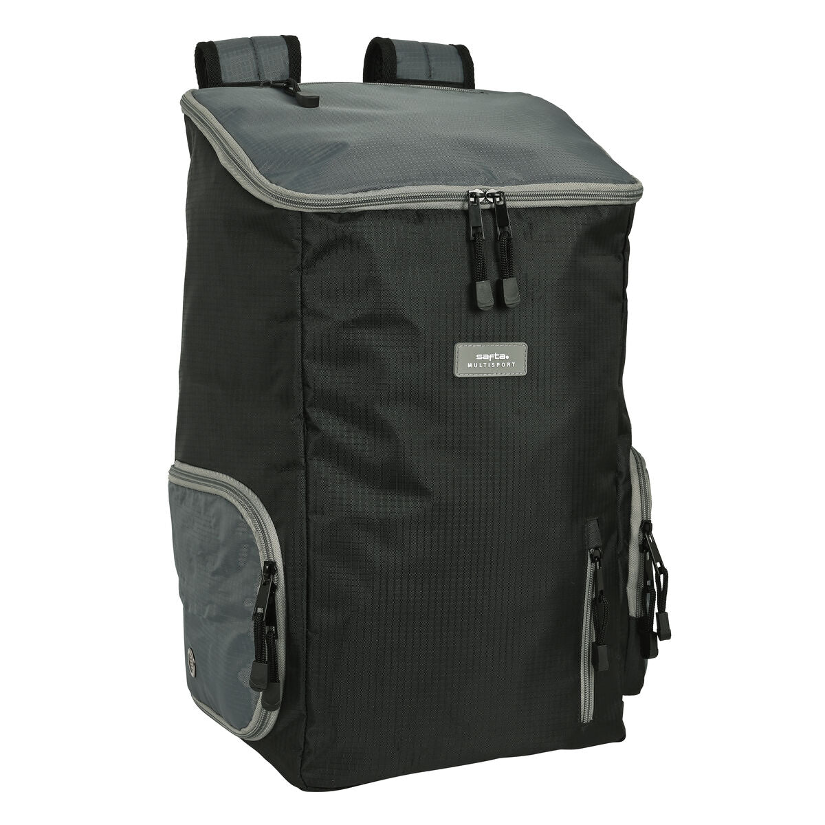 Mochila deportiva para niños Safta en color negro gris, diseño funcional con múltiples bolsillos.