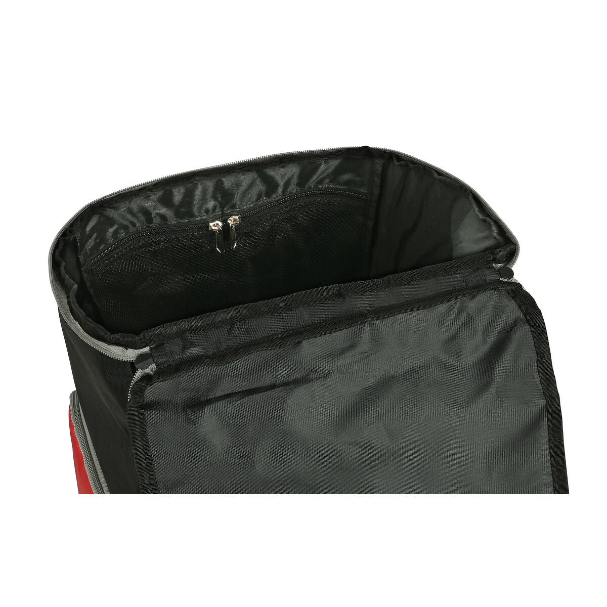Interior view of mochila deportiva multisports negro rojo, featuring zippered pocket and spacious design.