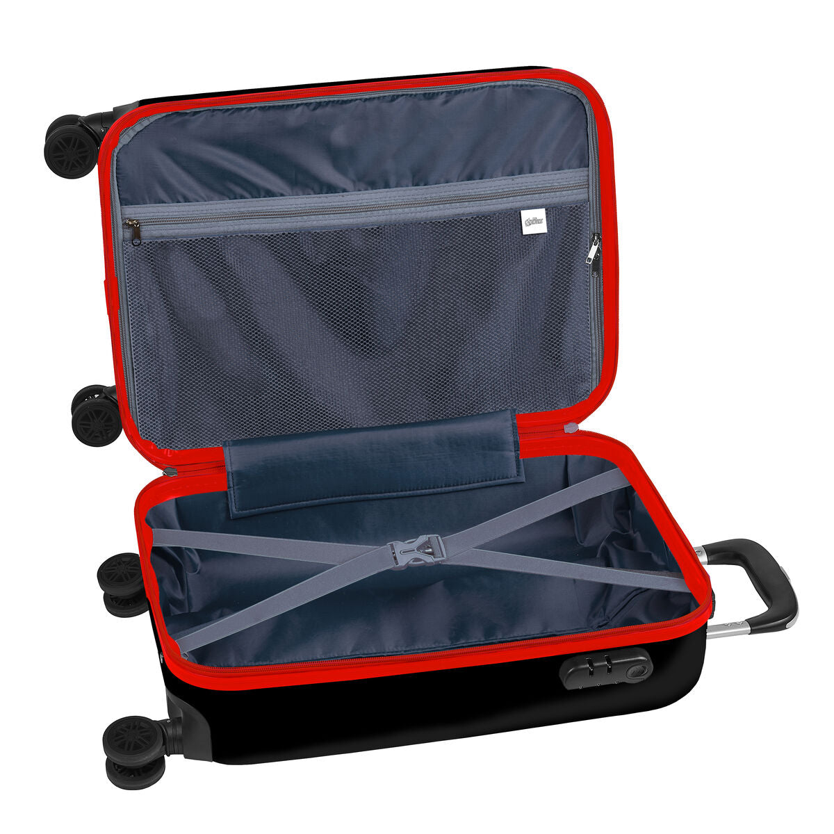 Interior de la Maleta de Cabina Capitán América Negro 20'' con compartimentos y ruedas giratorias.