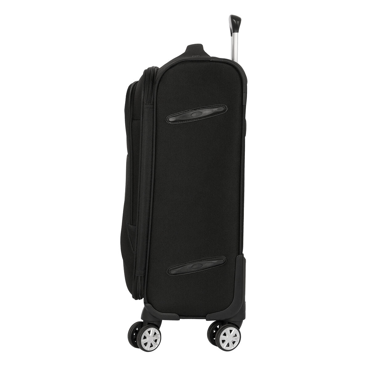 Maleta de cabina Real Betis Balompié Negro 20'' vista lateral con ruedas y asa de trolley.