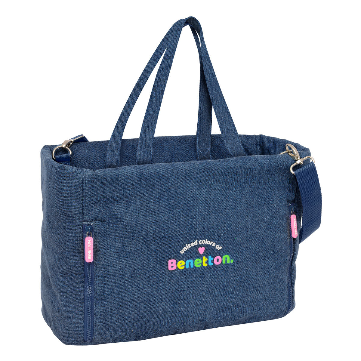 Bolso denim juvenil Benetton azul con asas, cierre de cremallera y bolsillo interior, ideal para niños.