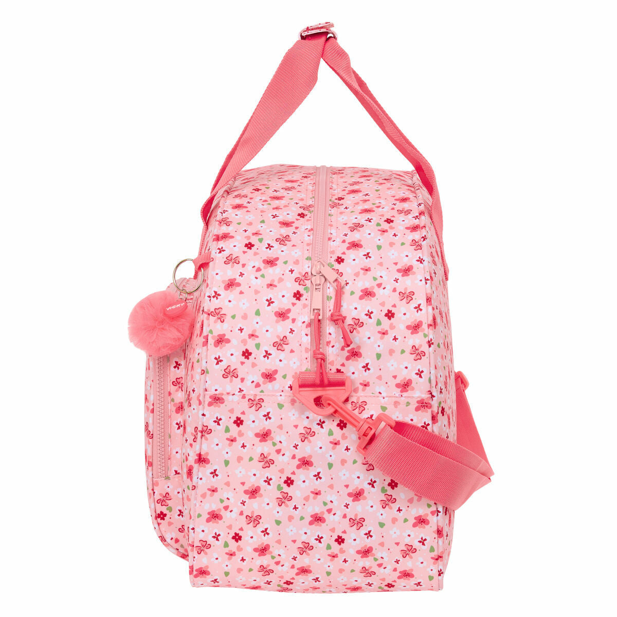 Bolsa de deporte rosa Vicky Martín Berrocal con diseño floral, tamaño 48 x 33 x 21 cm, ideal para niños y actividades deportivas.