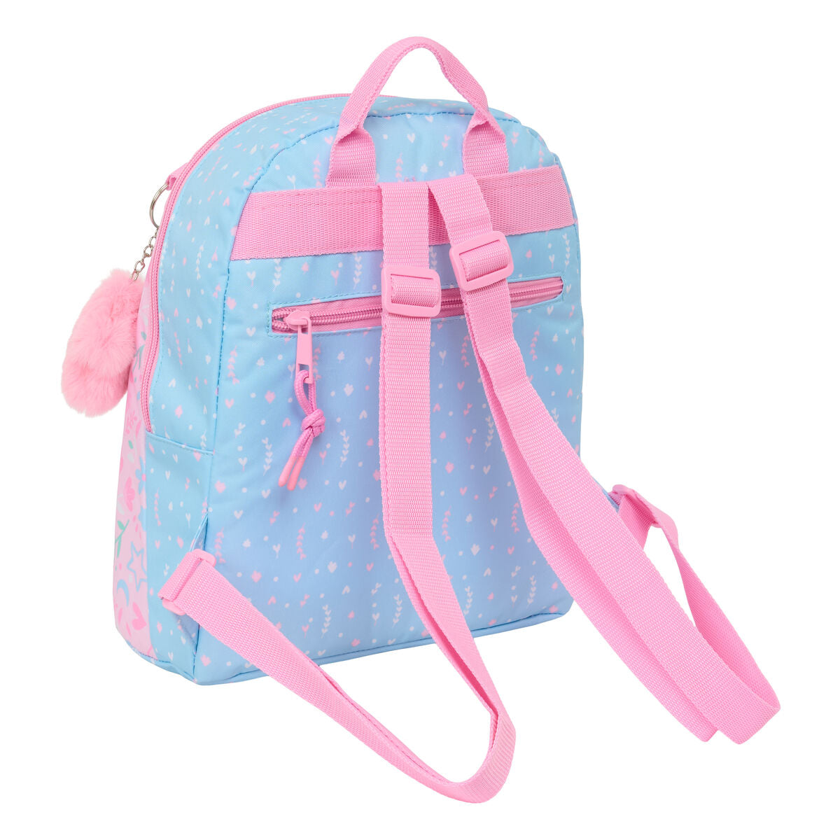 mini mochila BlackFit8 rosa azul claro en fondo blanco, ideal para niños y viajes, medidas 25 x 30 x 13 cm.