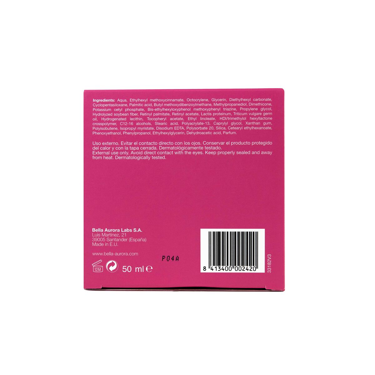 Label of Bella Aurora anti-wrinkle cream SPF 15 showing ingredients and usage instructions.