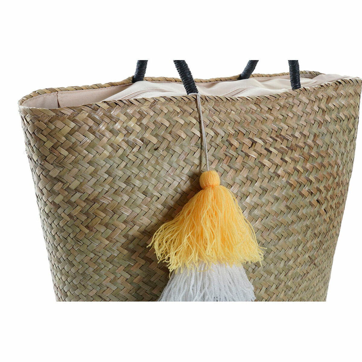 Bolsa de Playa DKD Home Decor Naranja Natural Azul marino Fibra 49 x 18 x 37 cm con pompon amarillo.