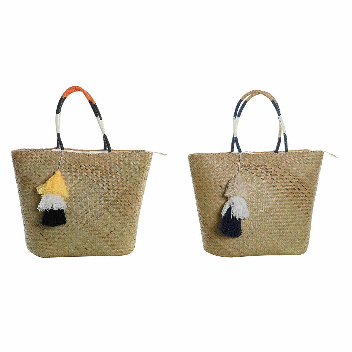 Imagen de dos bolsas de playa naranja azul marino de fibra, estilo natural con borlas decorativas, 49 x 18 x 37 cm.