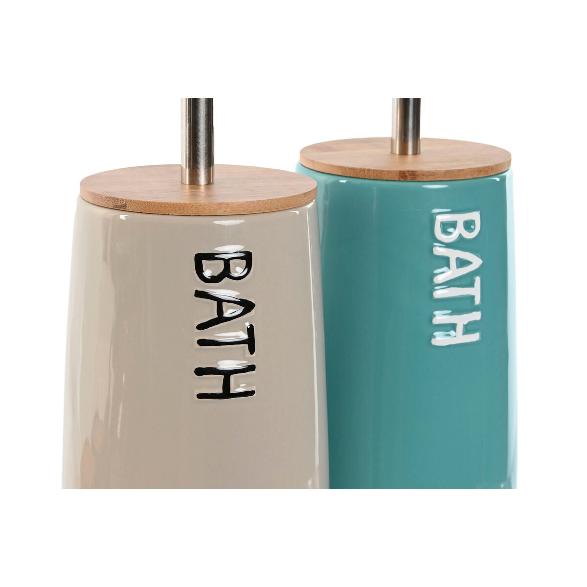 Escobilla de baño bambú acero inoxidable en color beige y turquesa con diseño "BATH" en la parte frontal.
