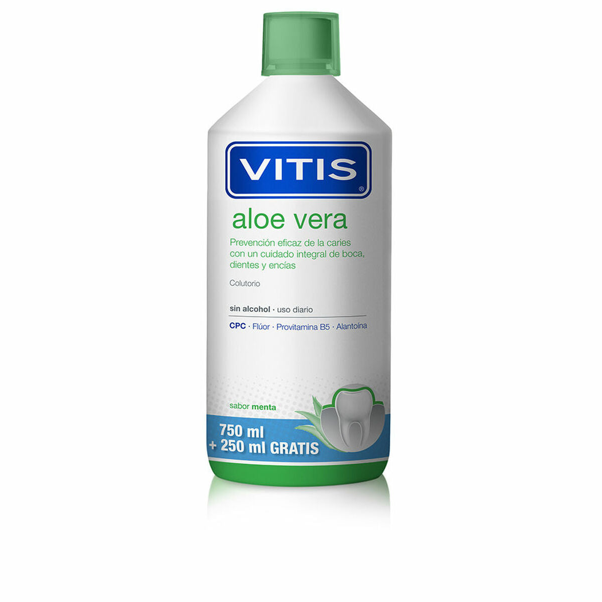 Enjuague bucal Aloe Vera Vitis 750 ml con 250 ml gratis, ideal para higiene oral diaria y protección contra caries.