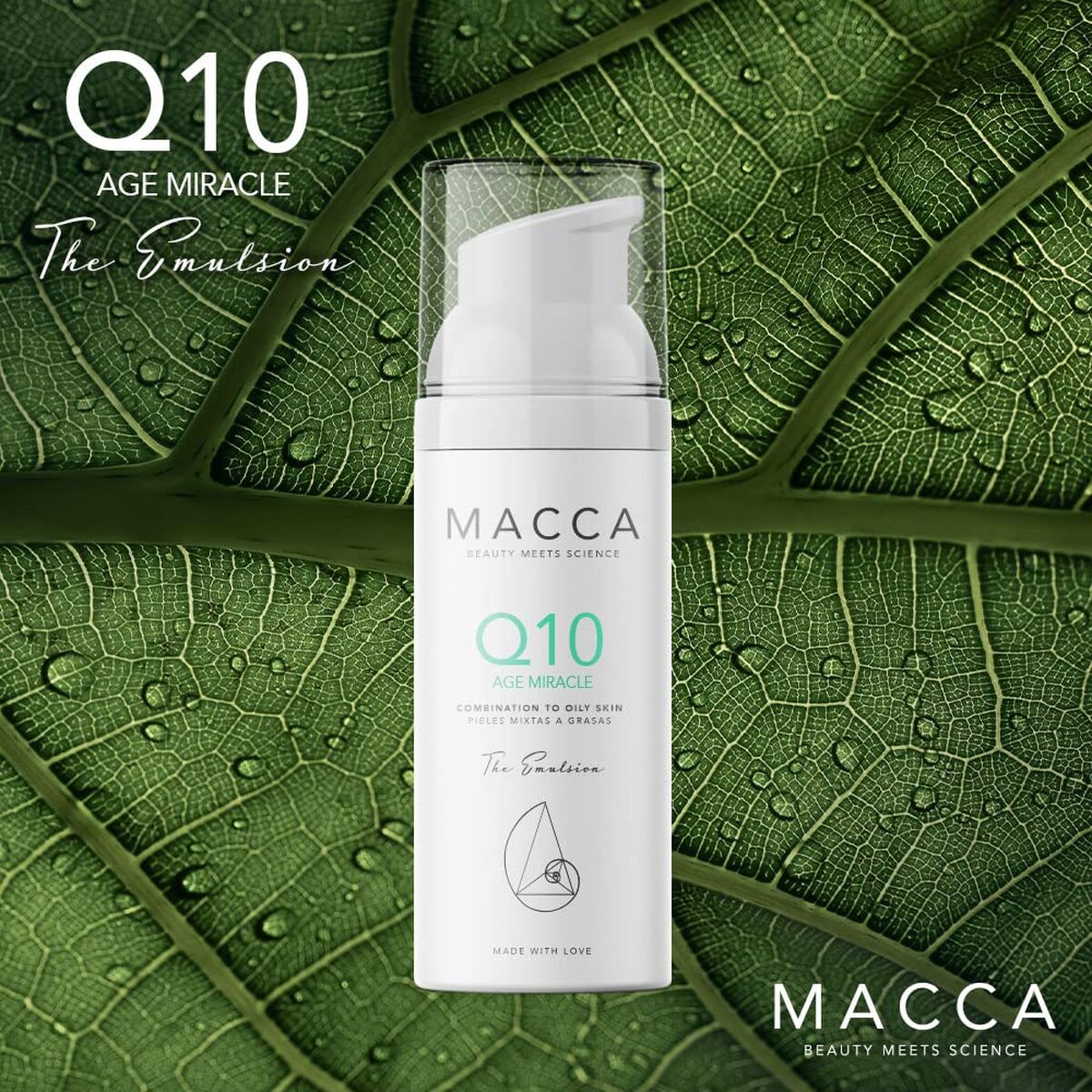 Macca Q10 Age Miracle emulsion for oily skin in stylish packaging against leaf background.