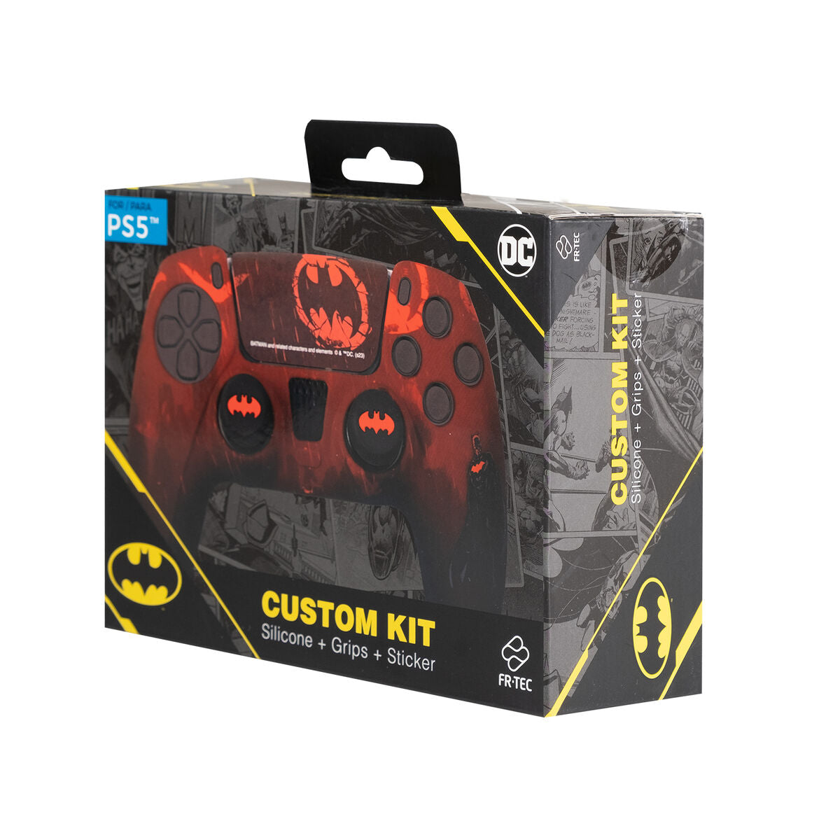 Batman custom protective case for PS5 - FR-TEC CUSTOM KIT packaging with silicone grips and sticker.