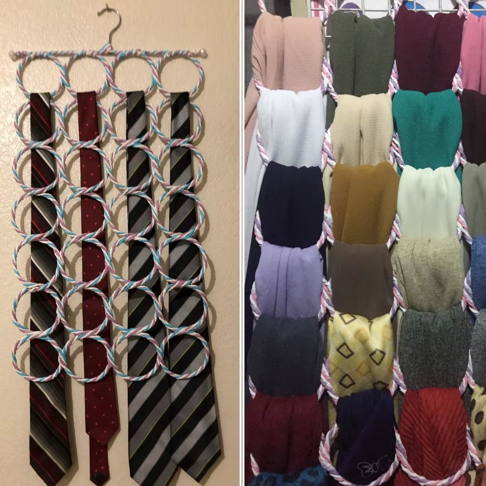 28 Holes Scarf Holder Foldable Tie Belt Hook Shawl Scarves Organizer Rattan Weave Hanger Wardrobe Storage Holder Display Rack