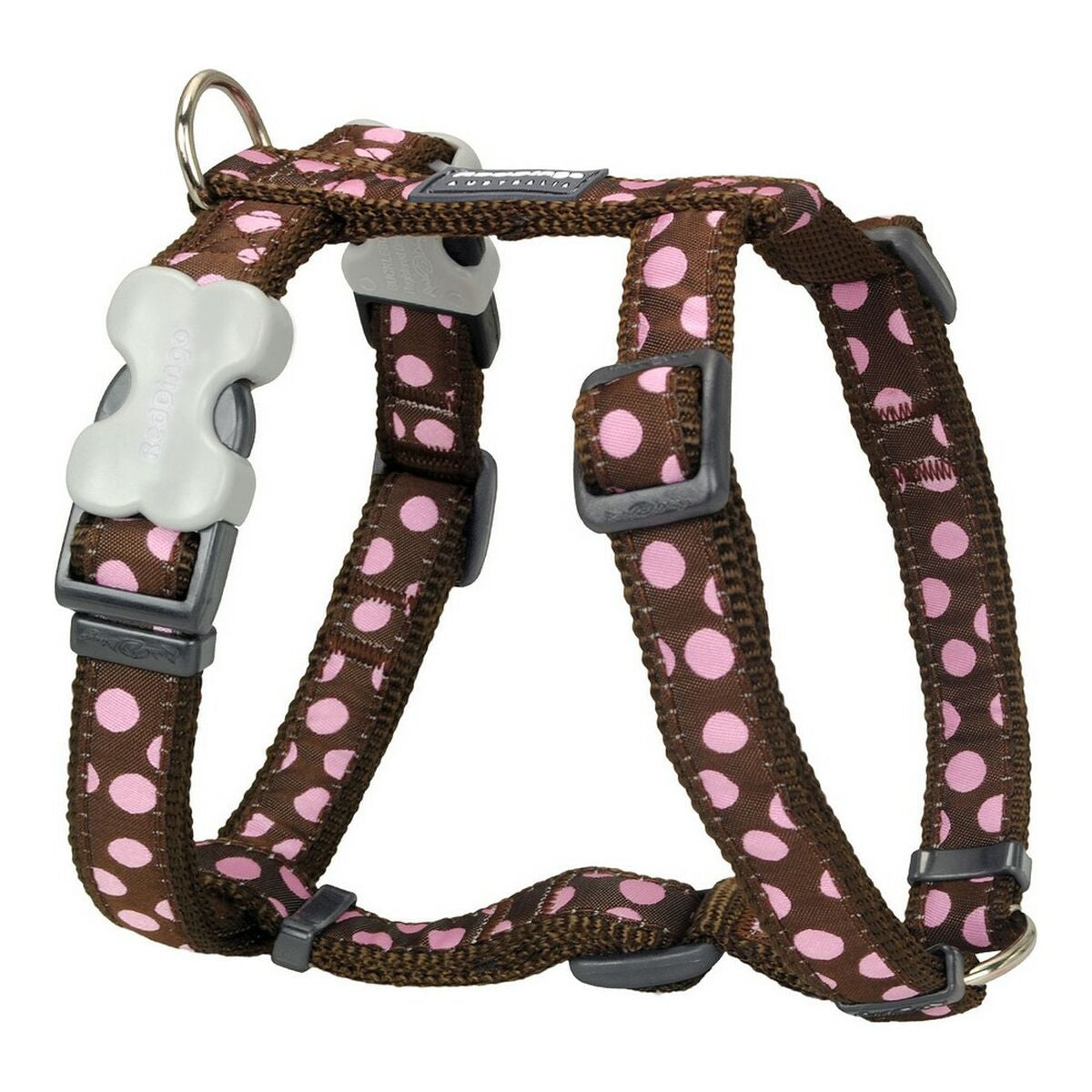 arnés para perro lunares rojo marrón en color marrón y rosa, diseñado para perros con medida de cuello de 30-48 cm.