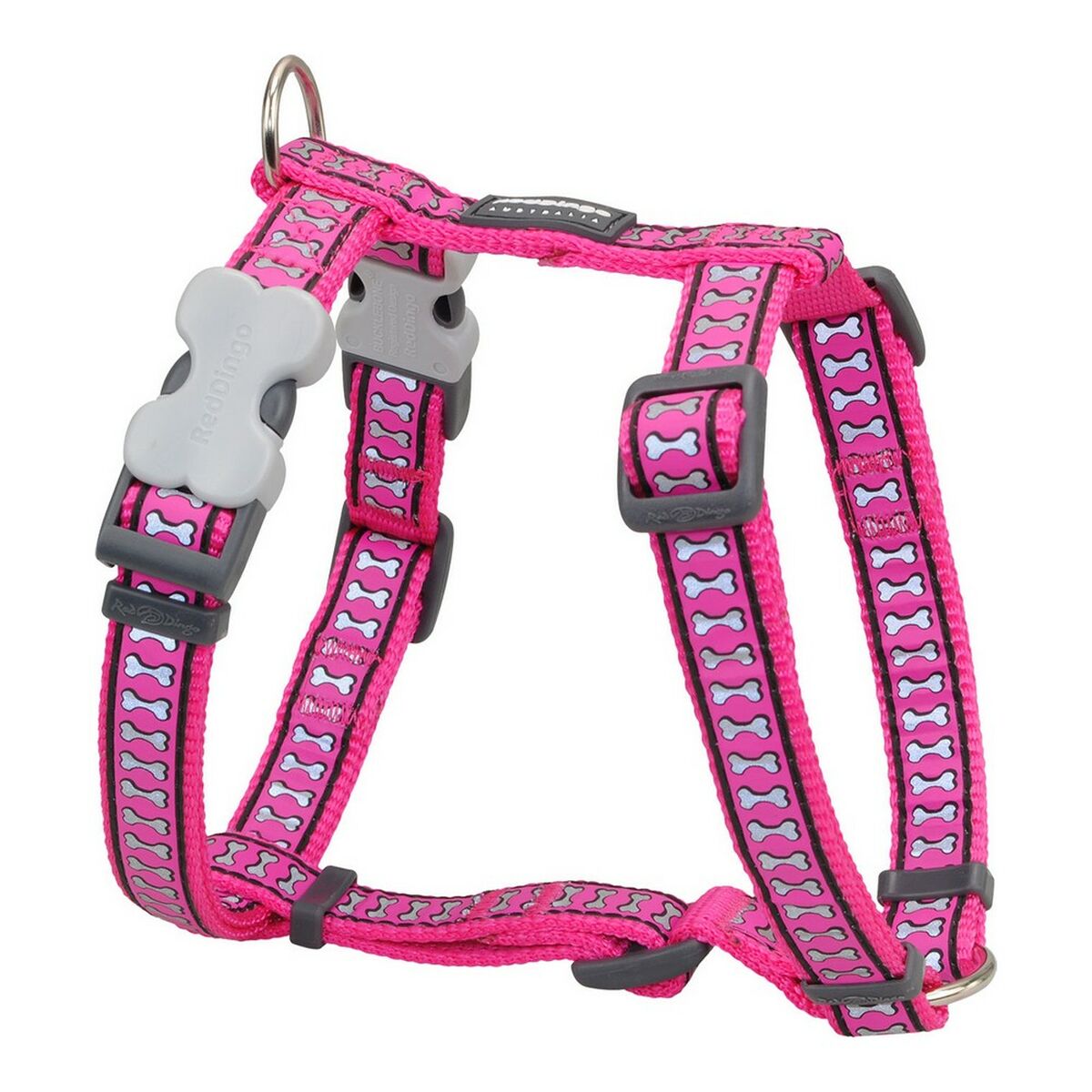 Arnés perro fucsia reflectante de Red Dingo con diseño de hueso y medidas 30-48 cm.