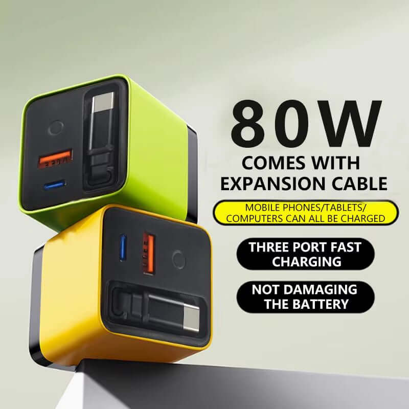 3 in 1 Gan Charger Retractable 80W MAX Fast Charger Block with Type-C Cable 2USB Ports Portable Adapter Mobile Phone Charger New