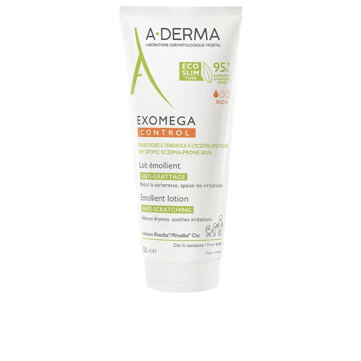 loción corporal A-Derma Exomega para picor e irritación 200 ml en envase de crema dermocosmética.