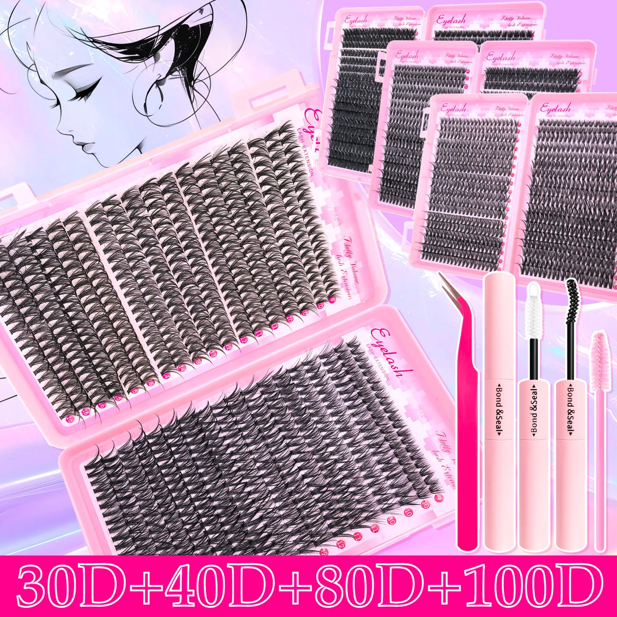 Kit de extensiones de pestañas (720/200 unidades) para un acabado voluminoso y esponjoso.