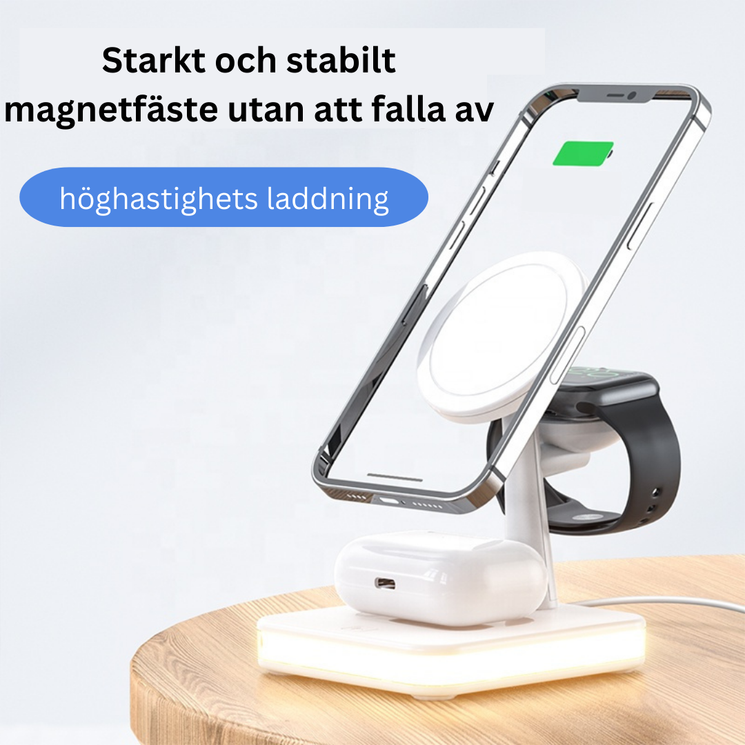 Base de Carga Inalámbrica Magnética 4 en 1 Samaray | Lámpara LED | 15W | Compatible iPhone 14/13/12, iWatch, AirPods