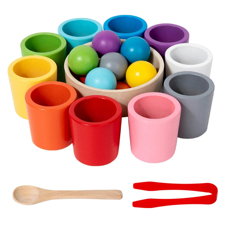 Montessori Color Sorting Toys Color Matching Sensory Game Wooden Peg Dolls in Cups Early Education Learning Toys for Toddler 3+