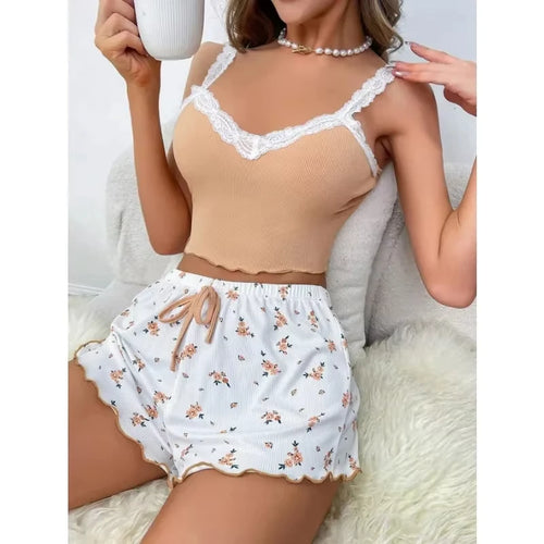 Conjunto Pijama Mujer 2 Piezas | Encaje Rosa | Escote V | Ropa de Dormir Sexy