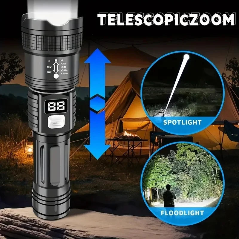 Linterna LED Recargable USB-C | Zoom Telescópico | 3 Modos de Luz | Pantalla Digital
