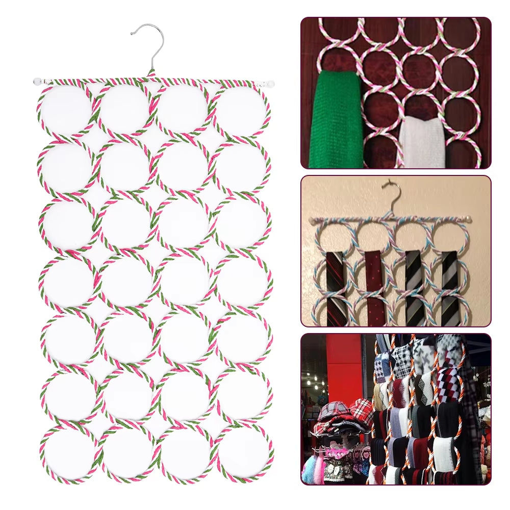 28 Holes Scarf Holder Foldable Tie Belt Hook Shawl Scarves Organizer Rattan Weave Hanger Wardrobe Storage Holder Display Rack