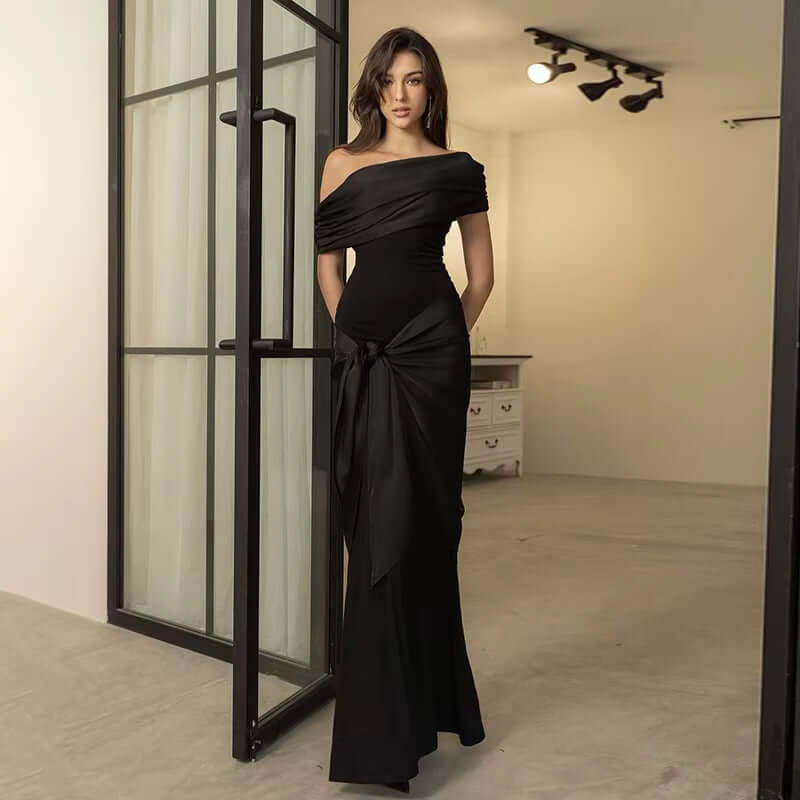New Party Evening Dresses Elegant Black Slash Neck Maxi Dress for Women Fashion Short Sleeve Bodycon Banquet Vestidos Female