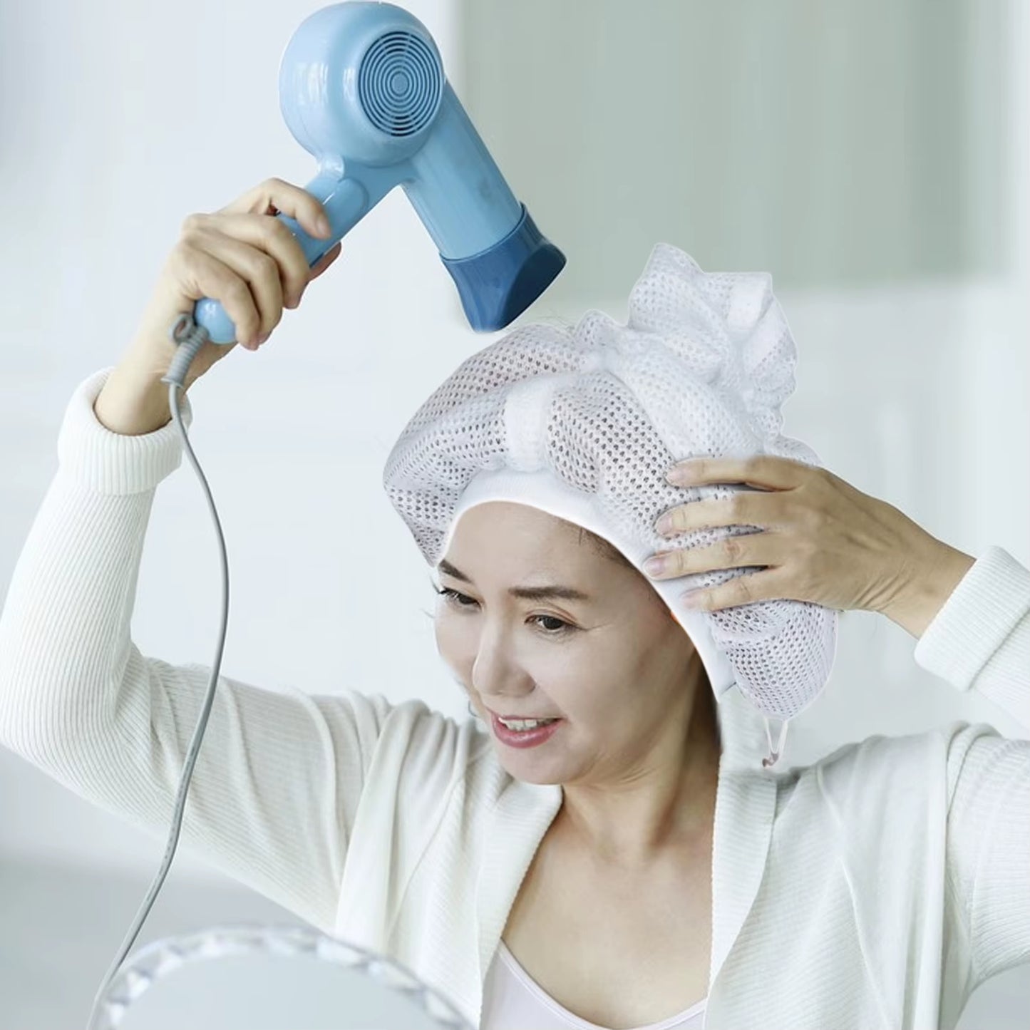 Net Plopping Cap for Drying Curly Hair with Drawstring Large Shower Cap Adjustable Net Plopping Bonnet Mesh Hat Bath Accessories