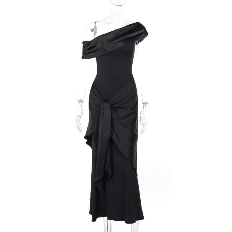 New Party Evening Dresses Elegant Black Slash Neck Maxi Dress for Women Fashion Short Sleeve Bodycon Banquet Vestidos Female