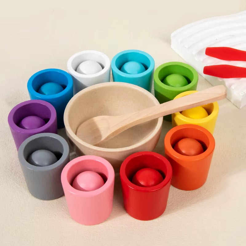 Montessori Color Sorting Toys Color Matching Sensory Game Wooden Peg Dolls in Cups Early Education Learning Toys for Toddler 3+