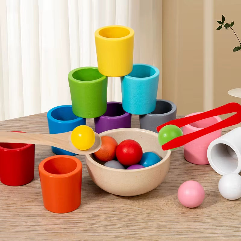 Montessori Color Sorting Toys Color Matching Sensory Game Wooden Peg Dolls in Cups Early Education Learning Toys for Toddler 3+