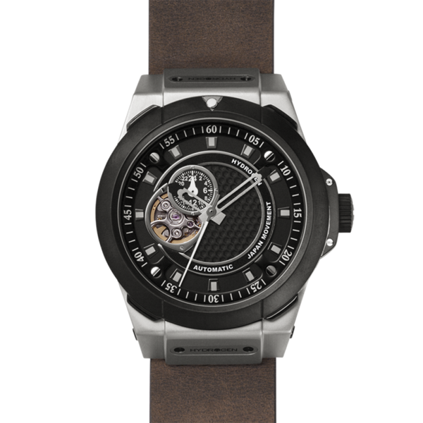 Reloj Hydrogen Watch Vento | GMT Automático Japón NH30 | Acero y Negro Iónico | Correa Cuero Marrón | 44 mm