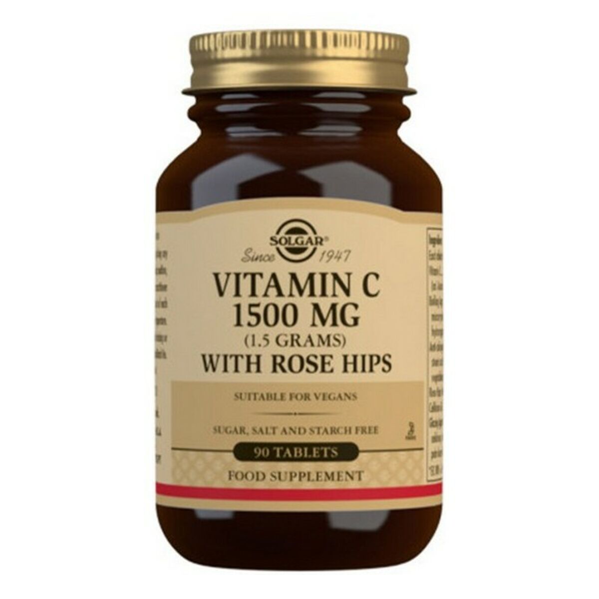 Cápsulas Solgar Rose Hips C 1500mg en envase de 90 tabletas, suplemento alimenticio vegano.
