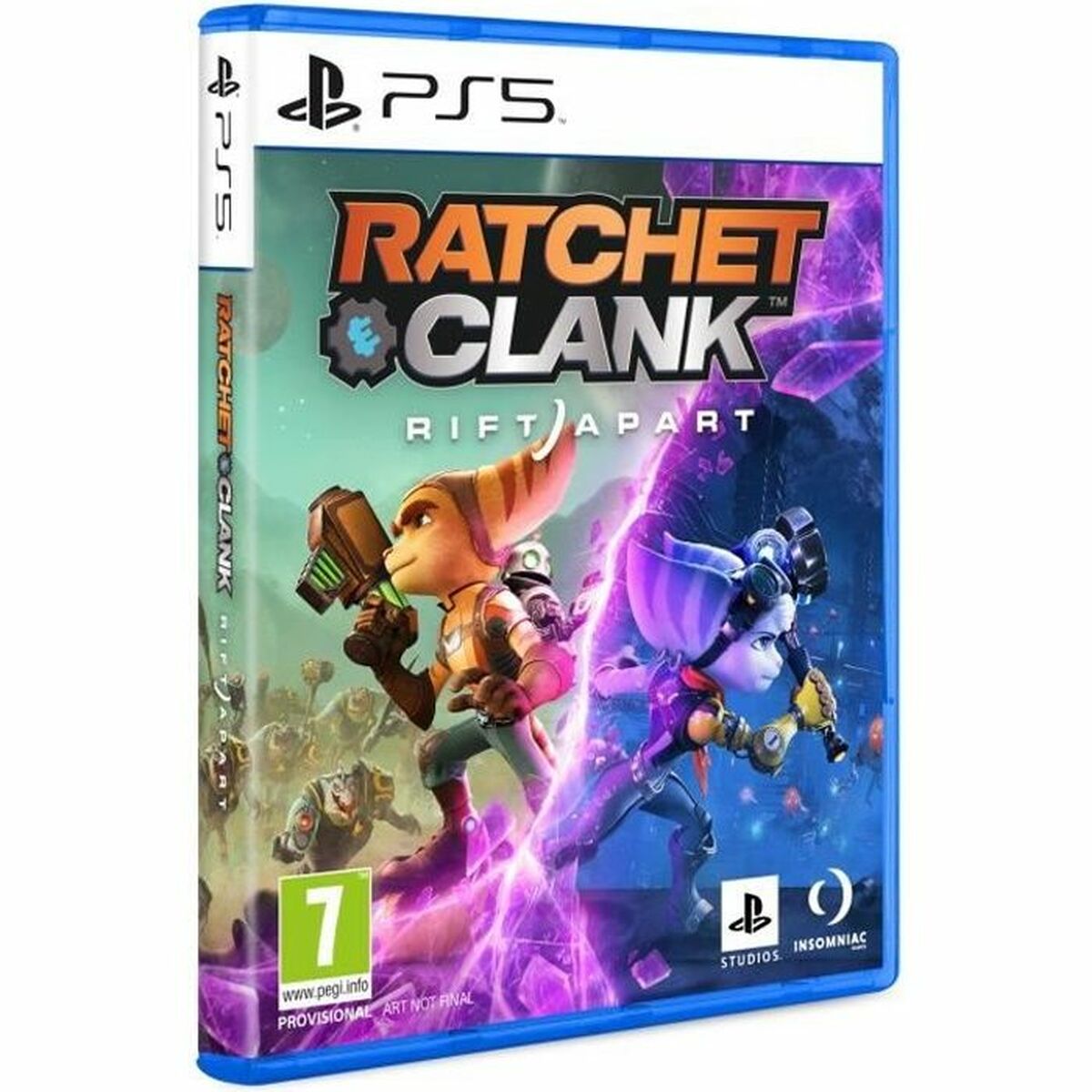 Videojuego Ratchet and Clank Rift Apart PS5 en su caja, compatible con PlayStation 5 y recomendado para mayores de 7 años.
