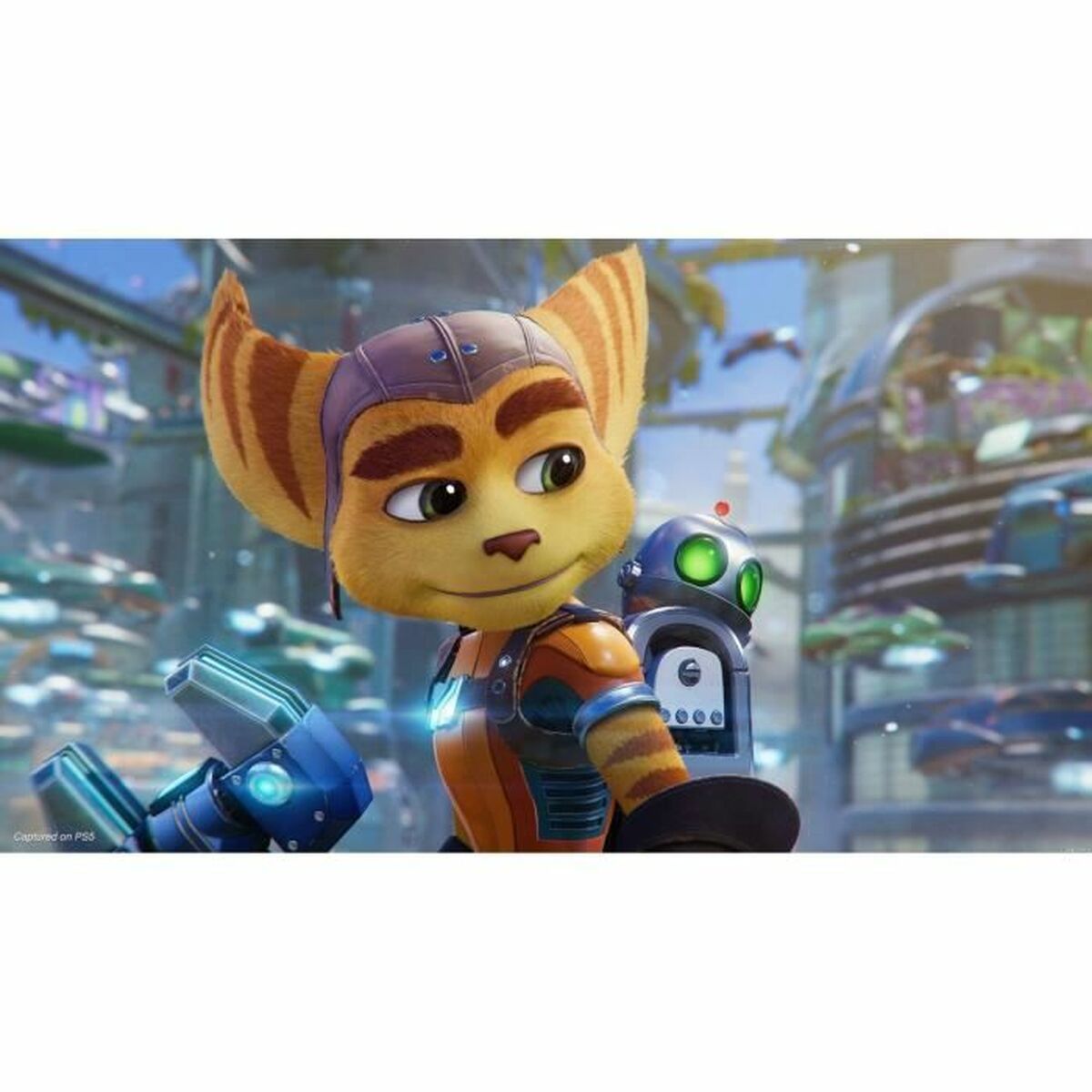 Ratchet and Clank Rift Apart PS5 character scene featuring Ratchet in vibrant environment.