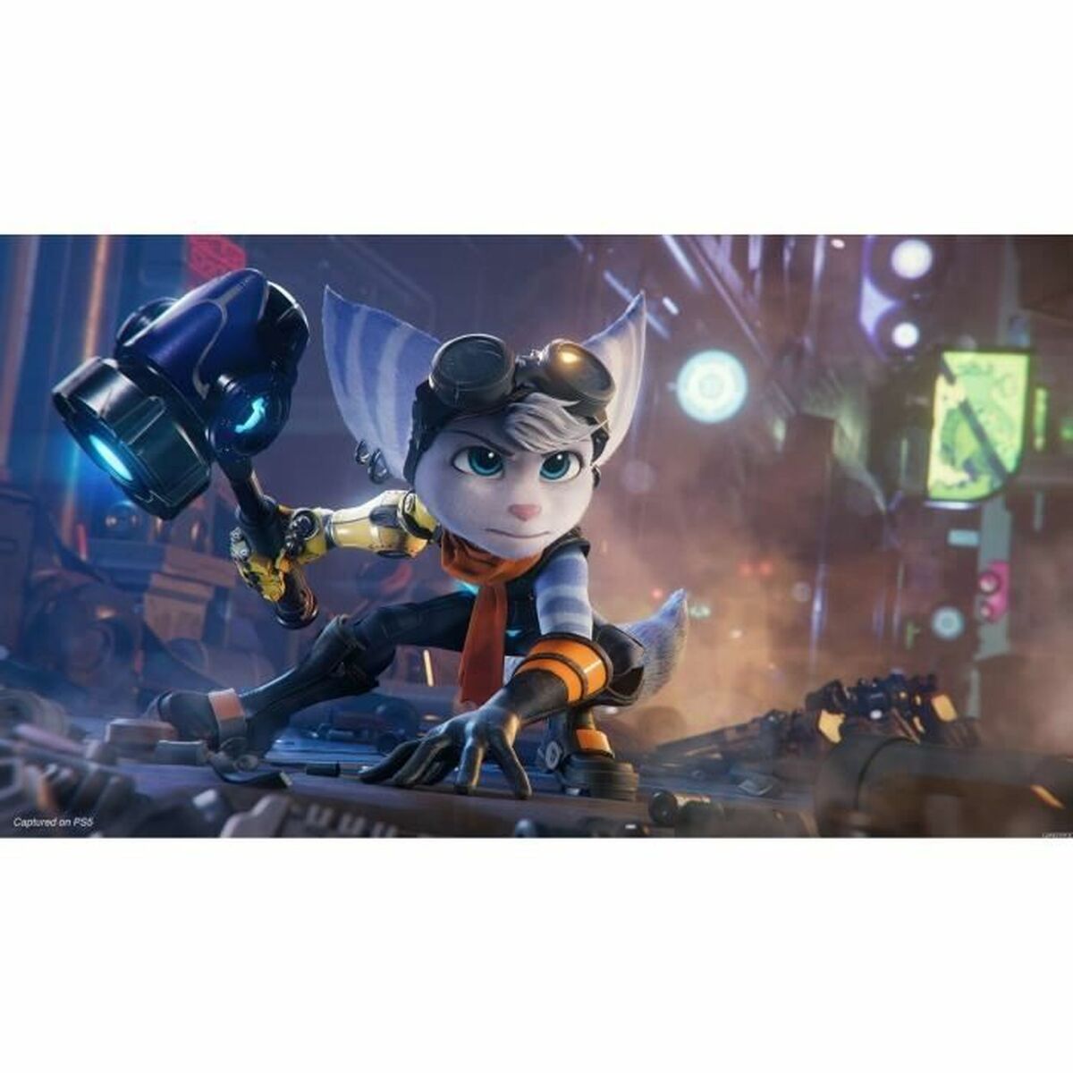 Personaje de Ratchet and Clank Rift Apart PS5 con herramienta en una escena de acción imaginativa.