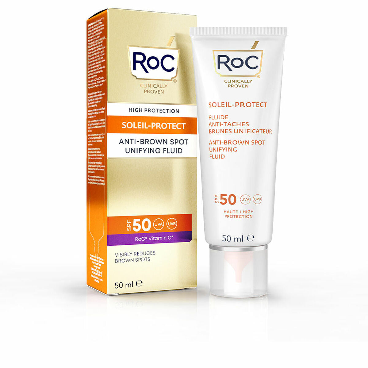 Protector Solar Roc SPF 50 en envase de 50 ml, crema solar anti-manchas para alta protección de la piel.
