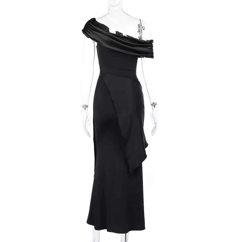 New Party Evening Dresses Elegant Black Slash Neck Maxi Dress for Women Fashion Short Sleeve Bodycon Banquet Vestidos Female