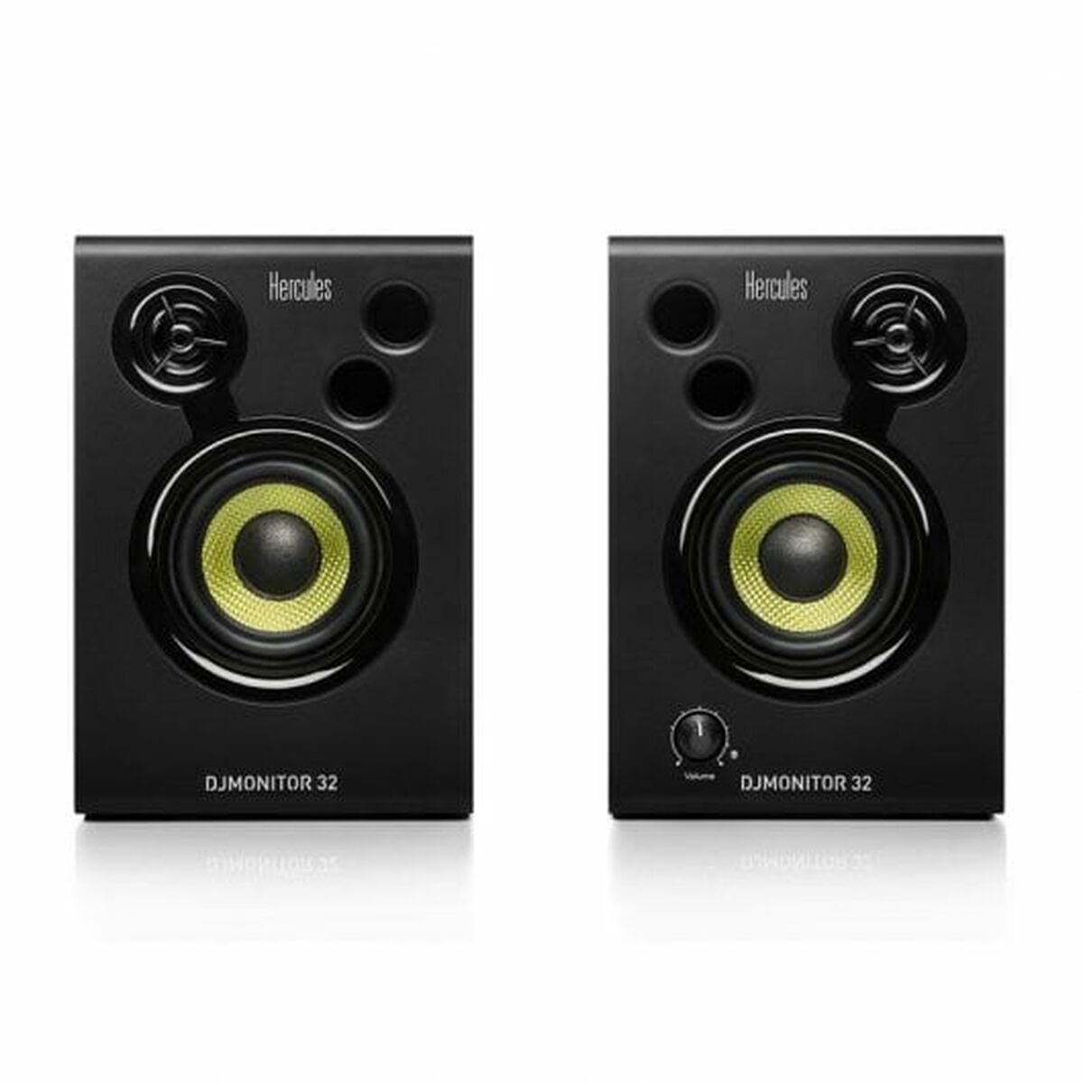 Par de monitores DJ Hercules DJMONITOR 32 con diseño moderno y altavoces de color amarillo.