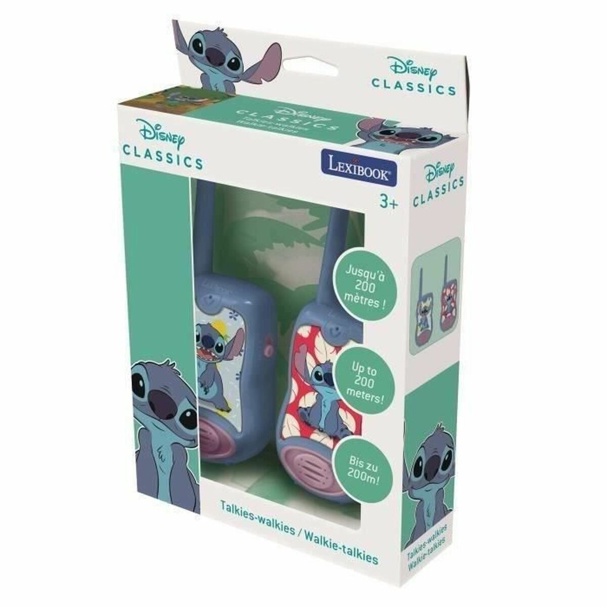 Walkie-Talkie Lexibook Stitch packaging, ideal walkie talkie for kids up to 200 meters range.