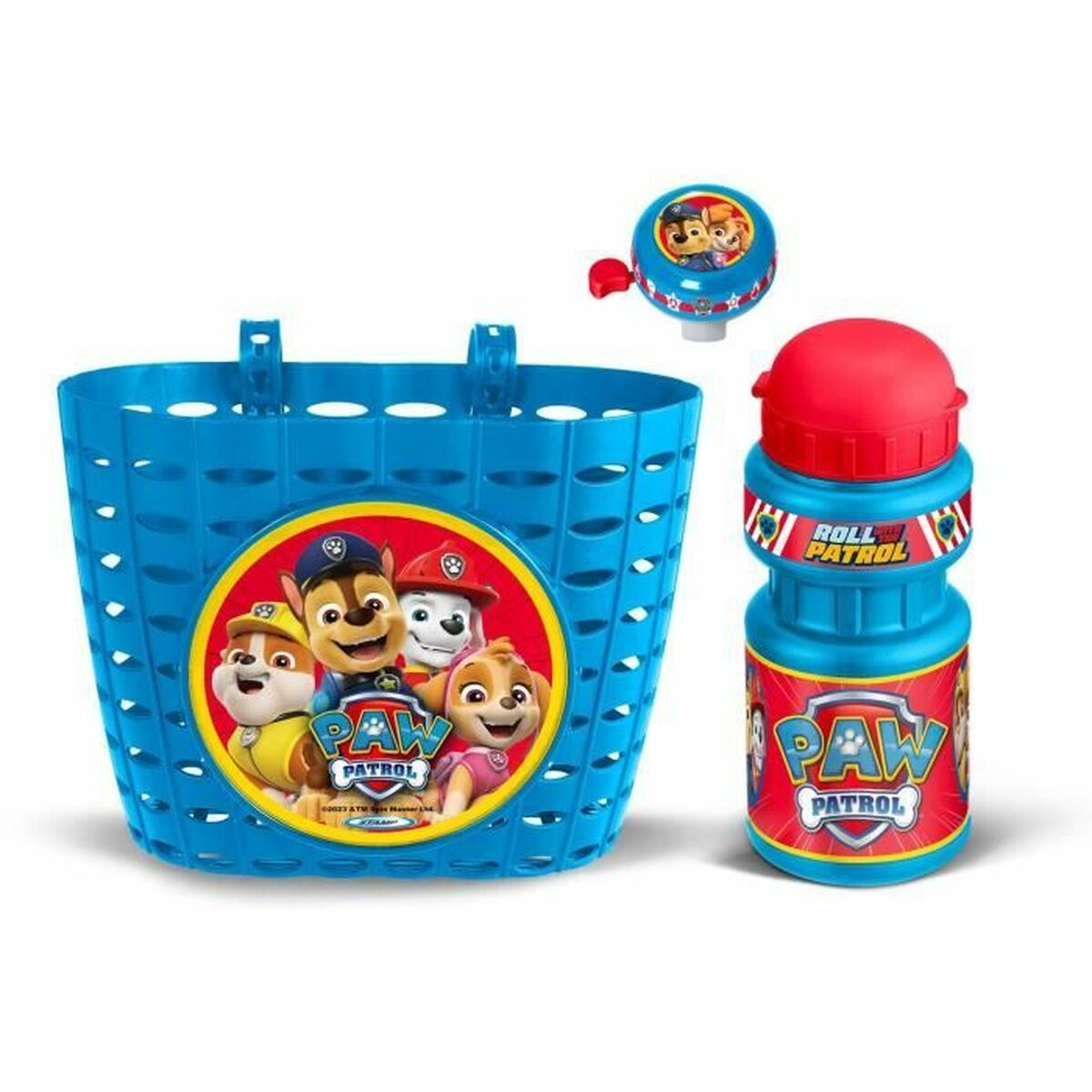 Set de accesorios bicicleta infantil Paw Patrol incluye cesta azul, botella de agua y timbre colorido.