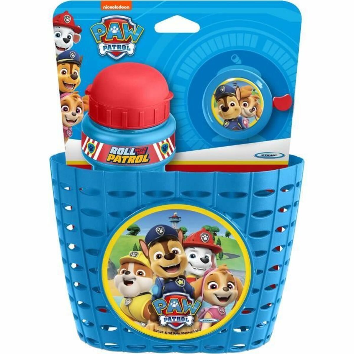 Set de accesorios bicicleta infantil Paw Patrol con cesta, bidón y timbre en colores azul y rojo.