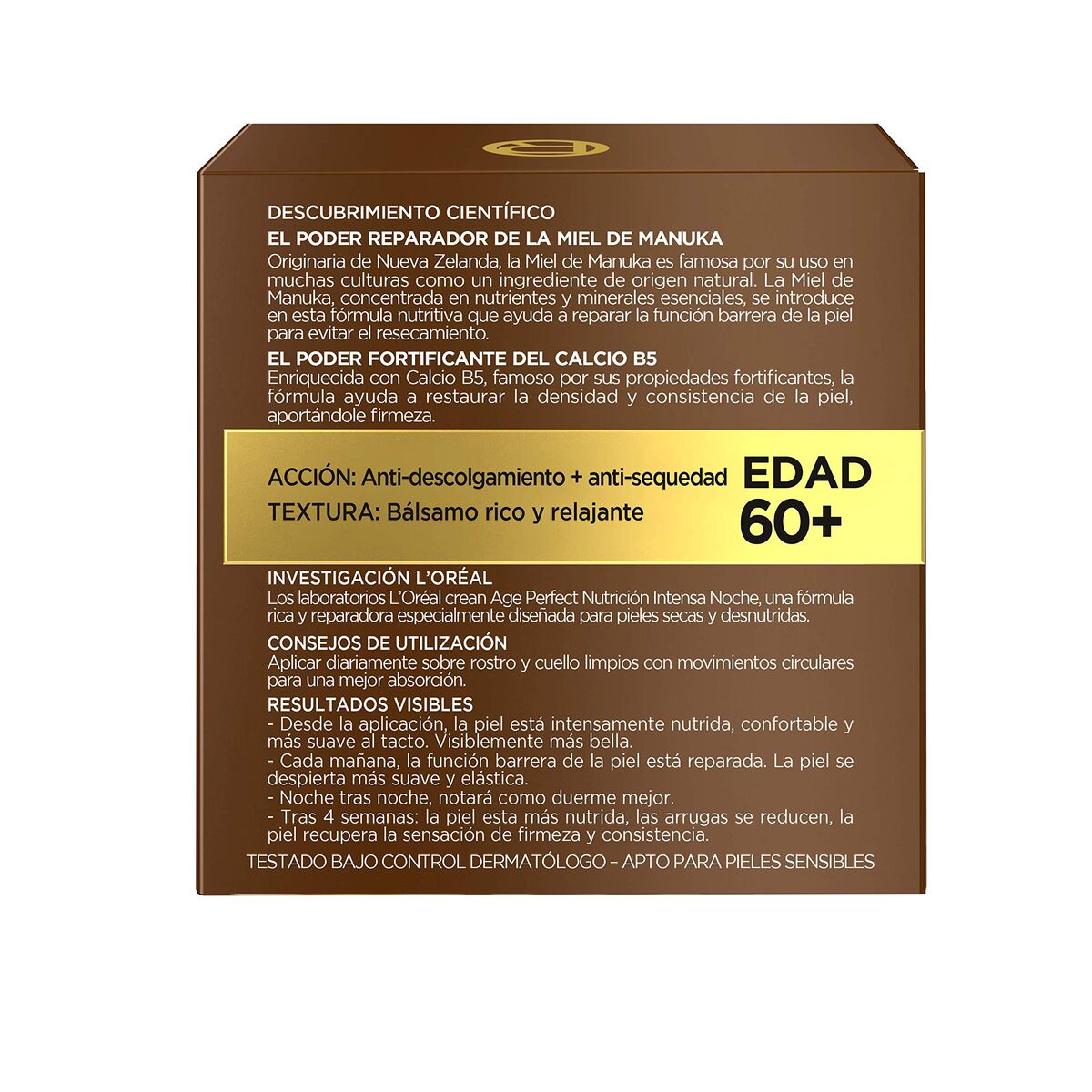 Caja de crema antiarrugas de noche L'Oreal Age Perfect, textura balsámica, ingredientes de miel de manuka, 50 ml.