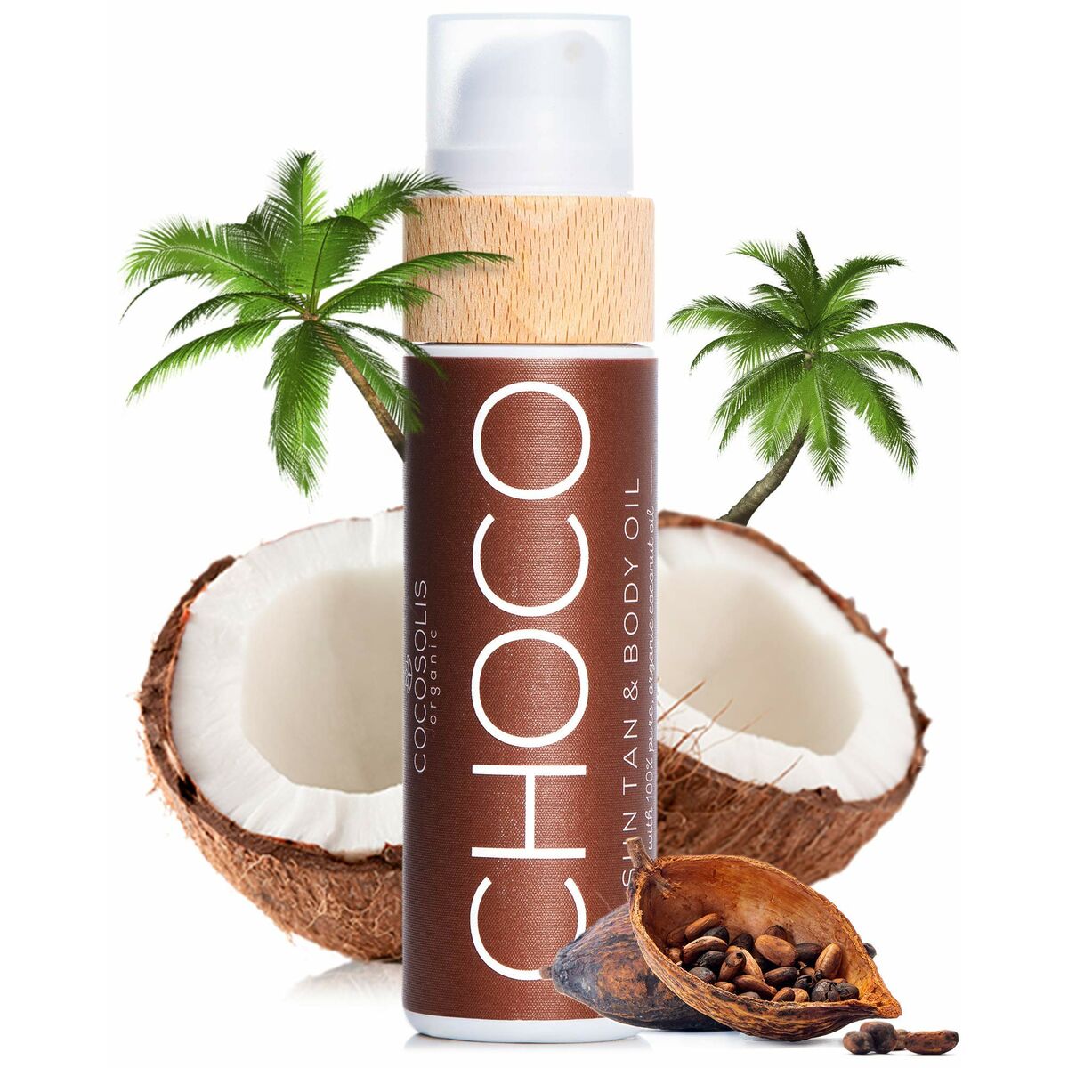 Aceite Bronceador Cocosolis Choco 110 ml con coco y palmeras, ideal para un bronceado natural.