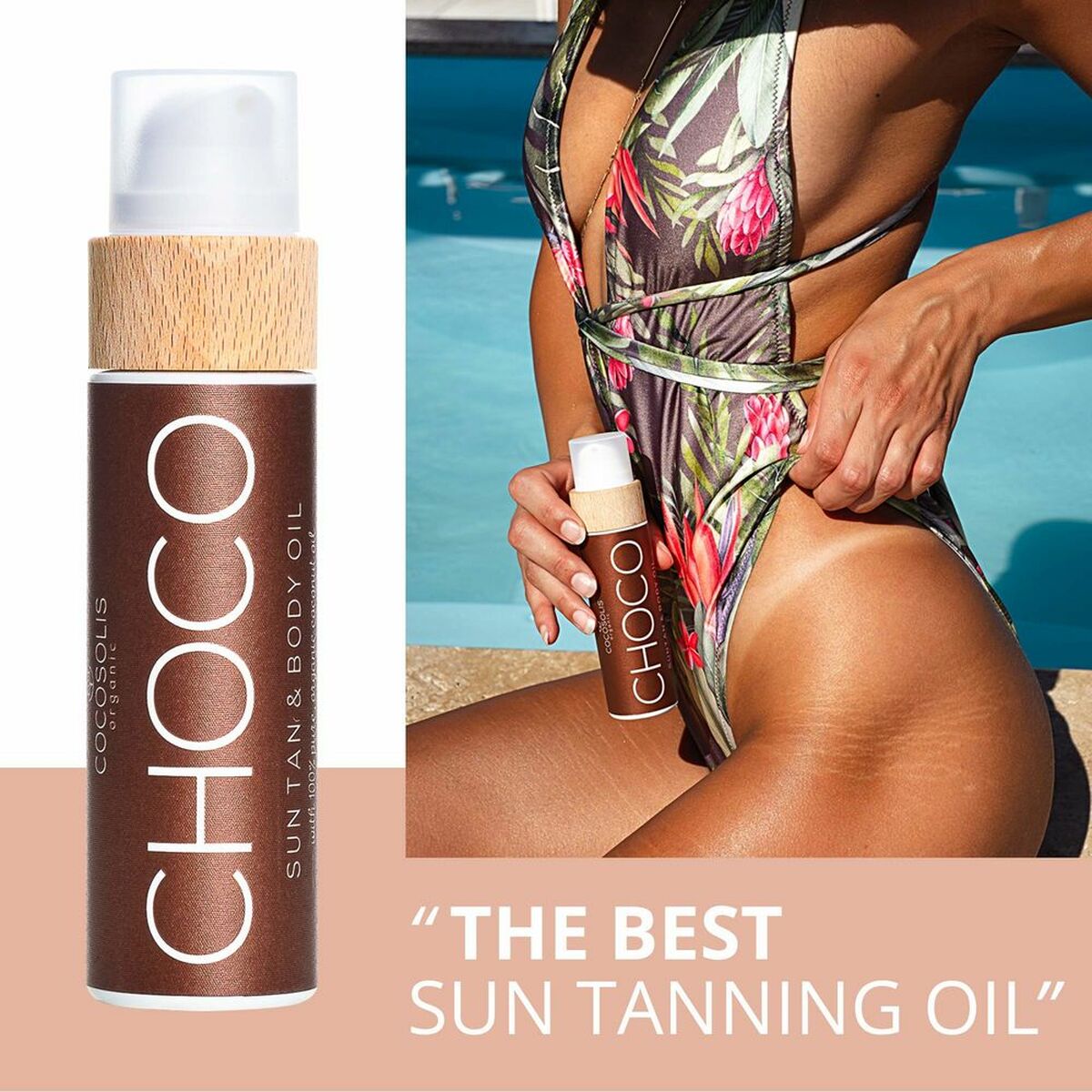 Aceite bronceador Cocosolis Choco 110 ml en un fondo de piscina, ideal para un bronceado natural y uniforme.