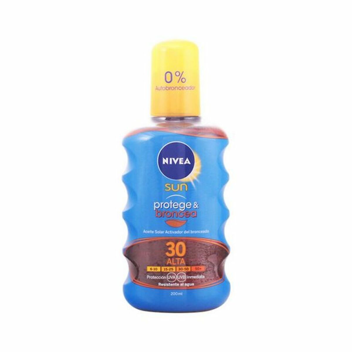 Aceite bronceador Nivea Sun SPF 30 en botella de 200 ml, protección solar y activador del bronceado.