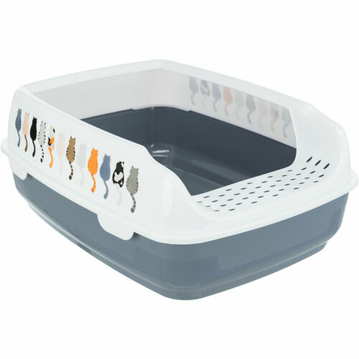 arenero plástico para gatos Trixie color blanco y gris, diseño moderno y funcional, ideal para gatos.