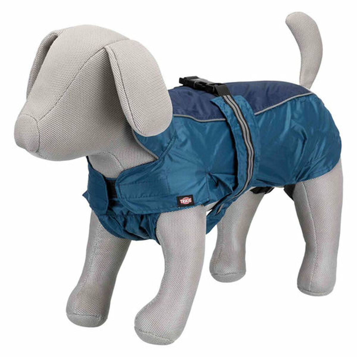 Chubasquero impermeable para perro azul modelo Trixie Rouen tamaño S sobre un perro de peluche.