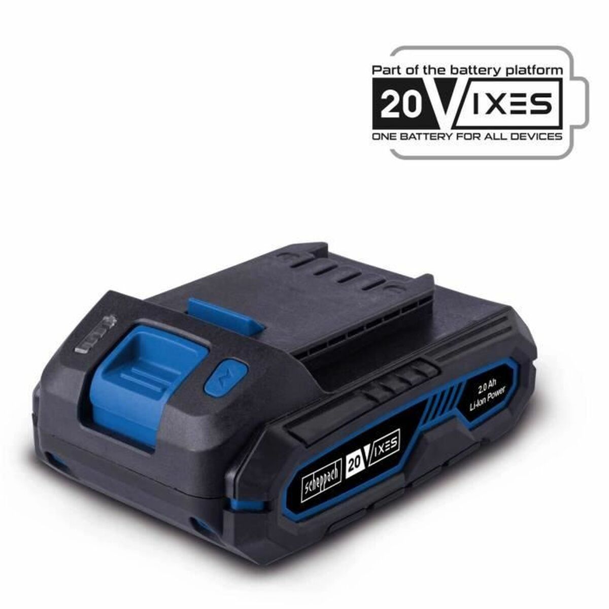 Batería de litio recargable Scheppach SPB2.0 para herramientas inalámbricas 20V IXES con diseño compacto y eficiente.