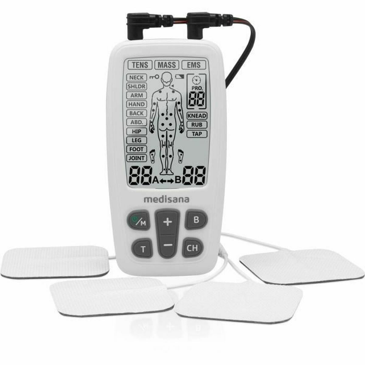Electroestimulador muscular Medisana 88347 en color blanco con electrodos para masaje y tonificación muscular.
