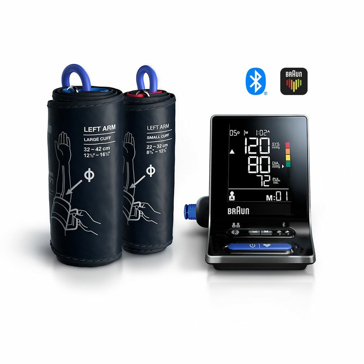 Tensiómetro de brazo Braun con manguitos para medición precisa de presión arterial y conectividad Bluetooth.